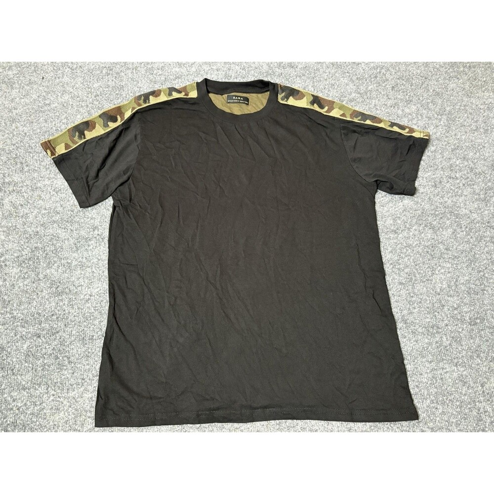 Zara Shirt Mens M Black Short Sleeve Camouflage Trim Crew Neck Tee Casual